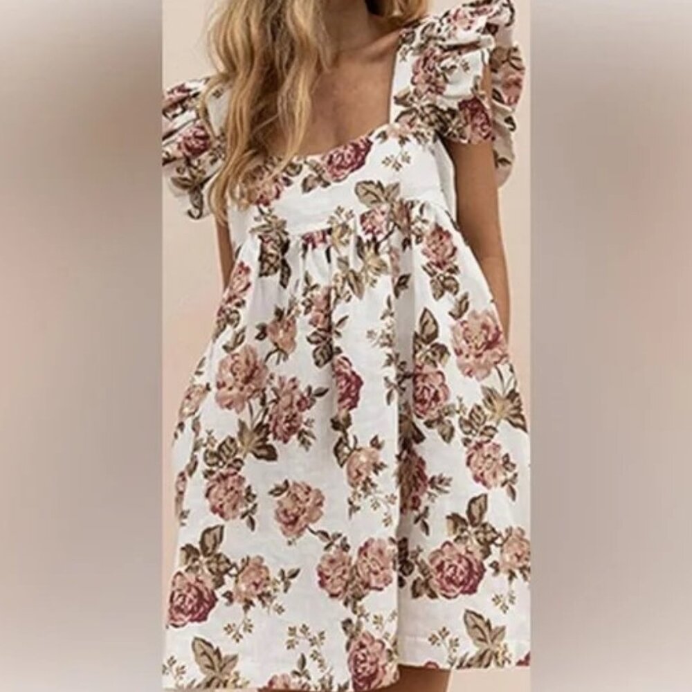 70F/21C Square Collar Floral Babydoll Dress Ruffle Sleeve Dress XS NWT